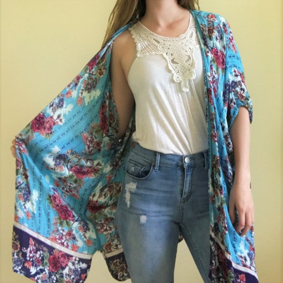 Long Boho Floral Kimono Blue and Pink - Picture 4 of 4